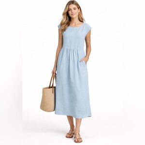 LINTICO Linen Blue Midi Dress XXL Minimalist Cottage Coastal Sleeveless Pockets